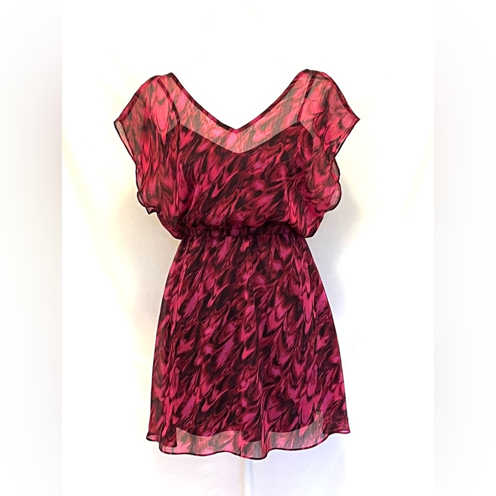 Express Maroon Watercolor Semi Sheer Flowy Flutter Sleeve Mini Dress Size XS